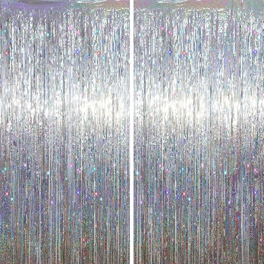 Voircoloria Laser Silver Foil Fringe Backdrop Curtains, 2 Pack | Tinsel by Voircoloria