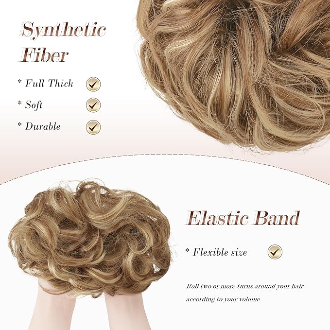 FESHFEN Messy Bun Hair Piece - Large Elastic Wavy Curly Hair Bun Scrunchies Ponytail Extensions Synthetic Chignon Hairpieces for Women, Light Brown & Mixed Blonde 1.94oz