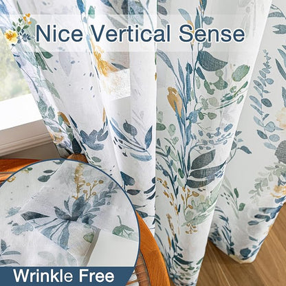 MYSKY HOME Yellow and Blue Sheer Floral Curtains 95 Inch Length 2 Panels | - Image 4