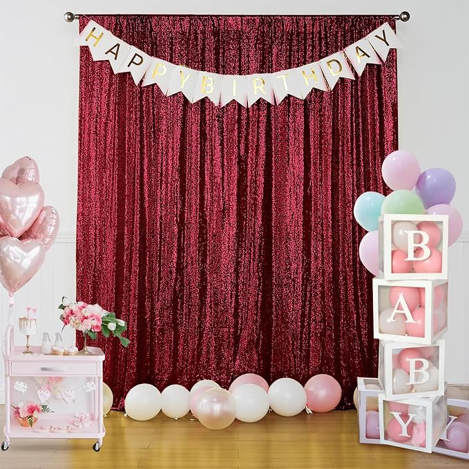 Sugargirl Burgundy Sequin Backdrop Curtain 2 Panels 2FTx8FT Glitter Burgundy - Image 2