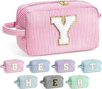 YOOLIFE Travel Cosmetic Bag - Monogram Cute Initial Pink Makeup Bag Toiletry Pouch Make-Up Case, Personalized Birthday Gifts for Best Friend, Sister, Teacher