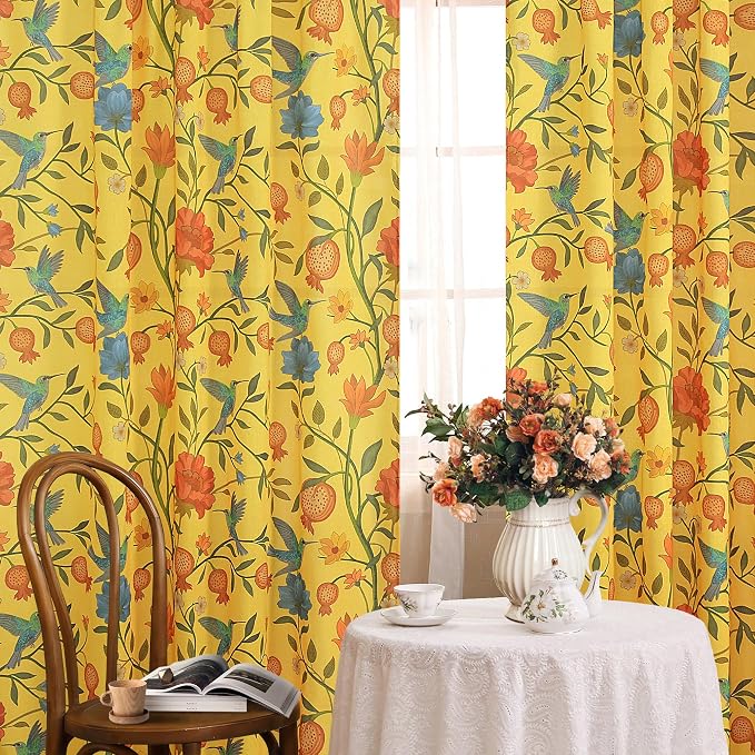 Mustard Yellow Floral Linen Curtains, Boho Whimsical Bird Print Curtains - Image 2