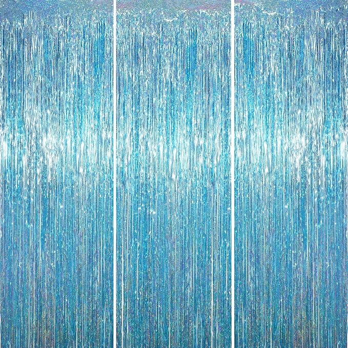 Voircoloria Light Blue Foil Fringe Backdrop Curtains, Birthday Party Decorations by Voircoloria
