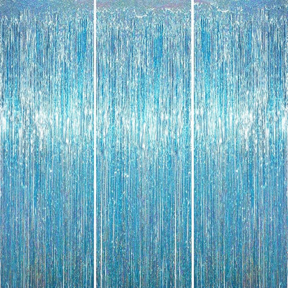 Voircoloria Light Blue Foil Fringe Backdrop Curtains, Birthday Party Decorations by Voircoloria