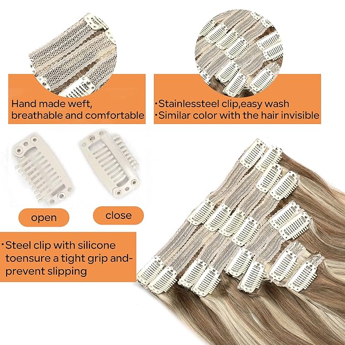 Straight Clip In Hair Extensions Real Human Hair 8Pcs Clip In Balayage Chestnut Brown Highlight Blonde Human Hair Extensions with 18Clips Lace Weft 120g 14inch