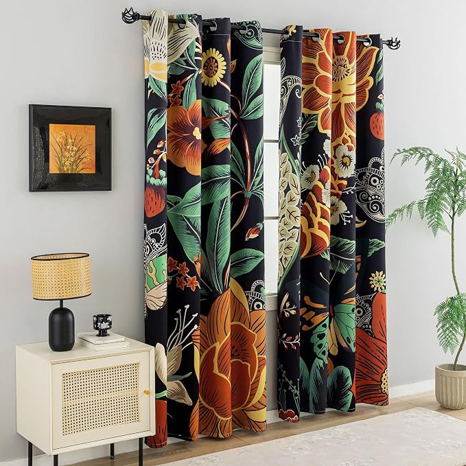 Tyrot Black Boho Floral 100% Blackout Curtains - Image 2