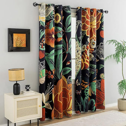 Tyrot Black Boho Floral 100% Blackout Curtains - Image 2