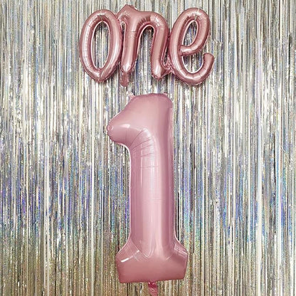 2Pcs Pearl Pink Foil 40" Number 1 and 26" Script Letter One Balloon Set | Large - Image 5