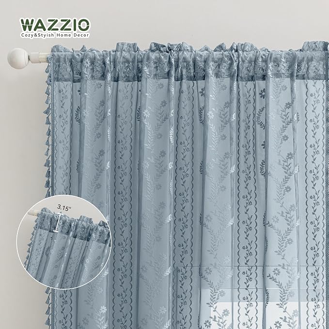 WAZZIO Boho Lace Curtains 2 Panels 63 Inch -Victorian Sheer Panel Drape French - Image 7