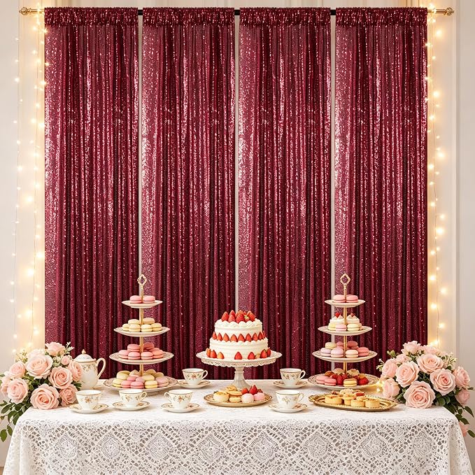 ShinyBeauty Sequin Backdrop 4 Panels Burgundy 2x8ft - Image 2