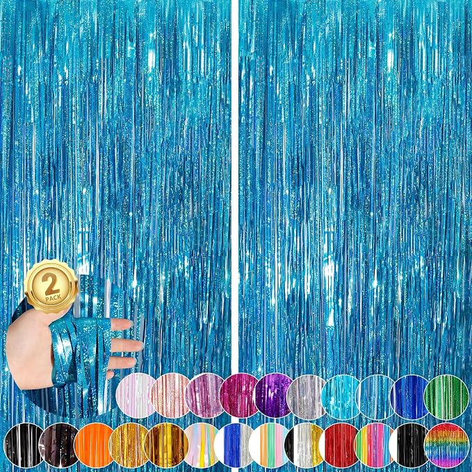 2Pack 3.3x8.3Ft Blue Foil Fringe Streamers Curtain Metallic Foil Tinsel Fringe by UWPVOWSR
