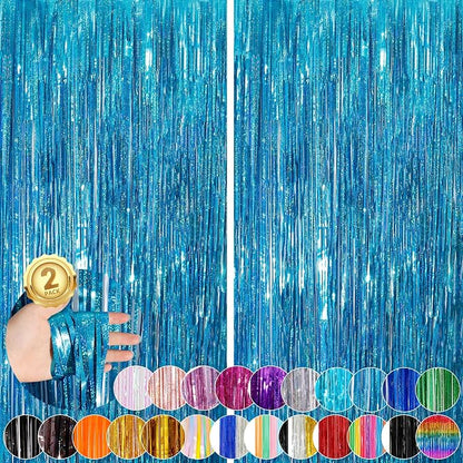 2Pack 3.3x8.3Ft Blue Foil Fringe Streamers Curtain Metallic Foil Tinsel Fringe by UWPVOWSR