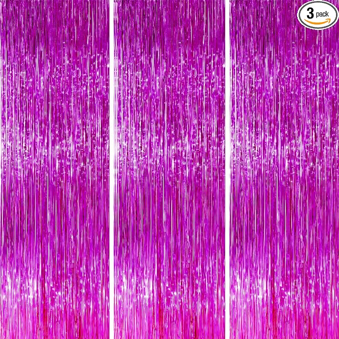 PartyWoo Hot Pink Foil Fringe Curtain Red Rose Tinsel Streamers 3pcs 8.2FT | by PartyWoo