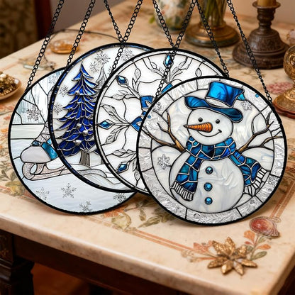 DASTOLL Stained Glass Window Hanging 4 Pcs Set White Winter Christmas Snow - Image 2