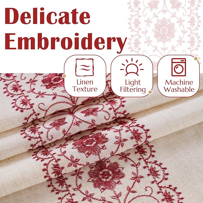 jinchan Red Floral Embroidered Short Linen Curtains 54×54 Inches 2 Panels | - Image 7