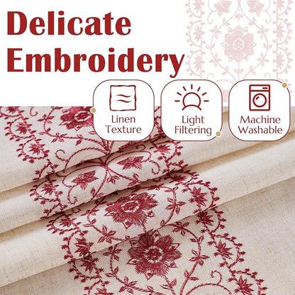 jinchan Red Floral Embroidered Short Linen Curtains 54×54 Inches 2 Panels | - Image 7