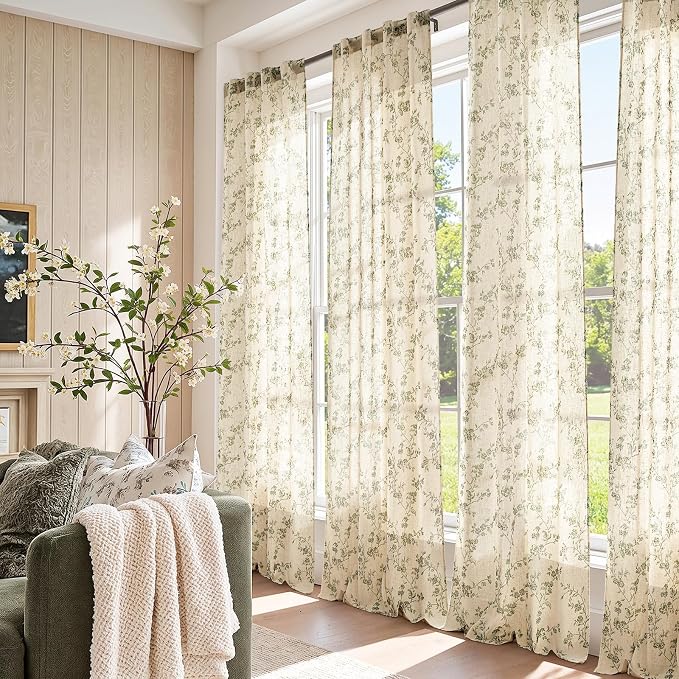 jinchan Green Floral Linen Curtains 96 Inch Flower Drapes Back Tab 2 Panels | - Image 5