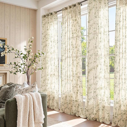 jinchan Green Floral Linen Curtains 96 Inch Flower Drapes Back Tab 2 Panels | - Image 5