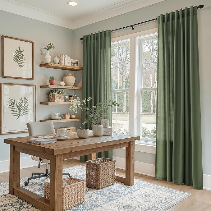 Forest Green Linen Curtains for Living Room 90 Inches Long Light Filtering Semi - Image 6