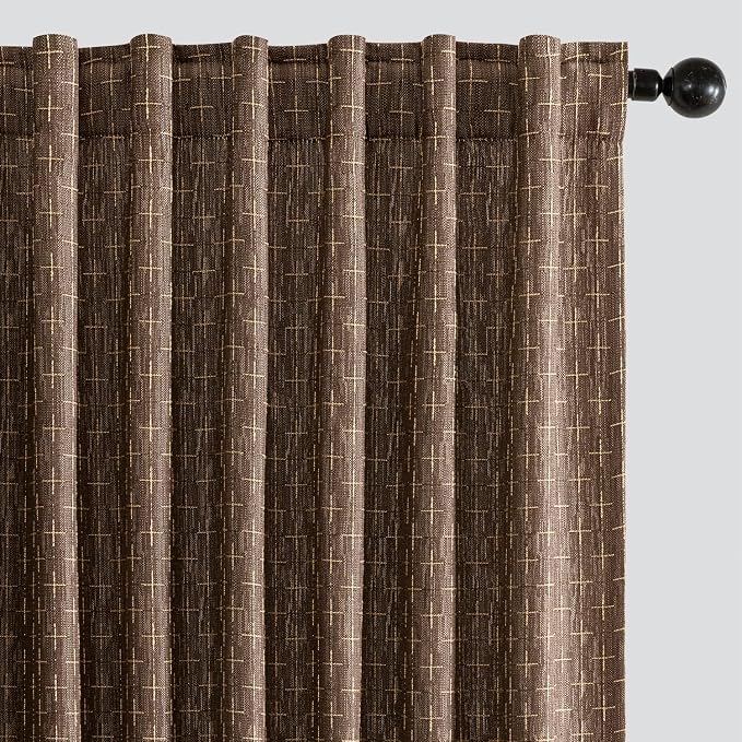 MIULEE Patterned Farmhouse Linen Curtains, Back Tab, Dark Coffee | Linen by MIULEE