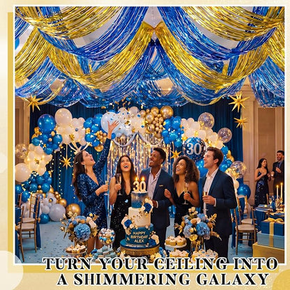 4 Pcs 15ft Gold Blue Metallic Foil Ceiling Fringe Curtains, Fringe Drapes - Image 5