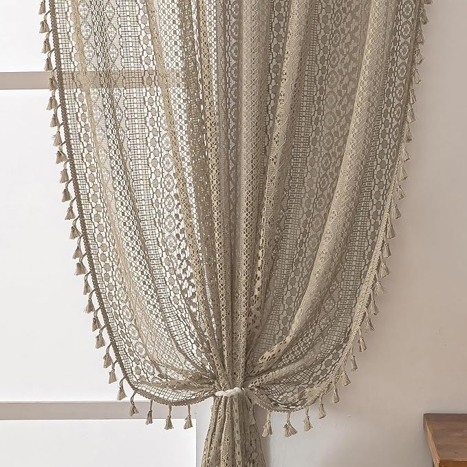 WAZZIO Boho Lace Curtains 45 Inches 2 Panel, Light Filtering Privacy Tassel & by WAZZIO