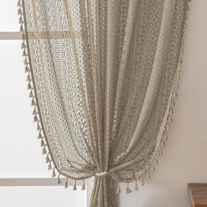 WAZZIO Boho Lace Curtains 45 Inches 2 Panel, Light Filtering Privacy Tassel & by WAZZIO