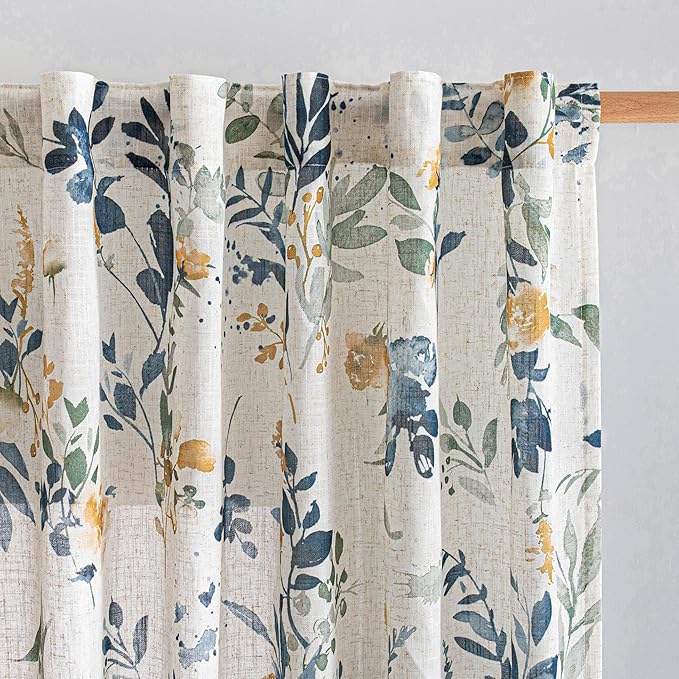 MYSKY HOME Floral Linen Extra Long Curtains 102 inch Length 2 Panels Set by MYSKYHOME