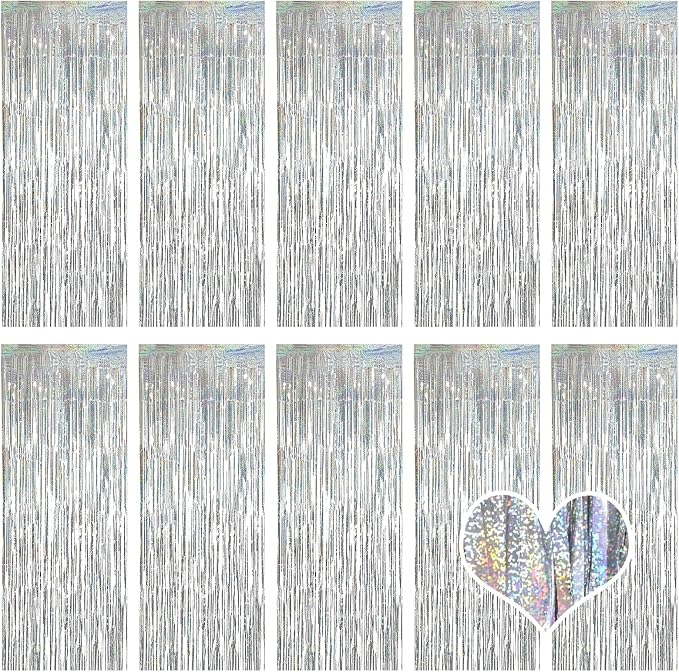 10 Pack Silver Backdrop Curtain 3.2ft x 8.2ft Metallic Tinsel Foil Fringe by Ohiyoo