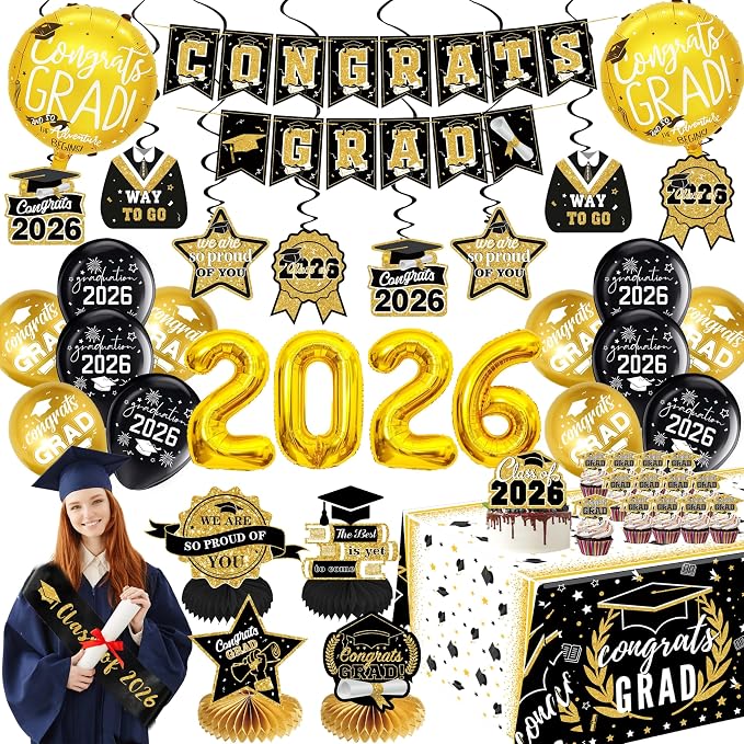 Black and Gold Graduation Decorations 2026 Class of 2026 Decorations by Jenlion