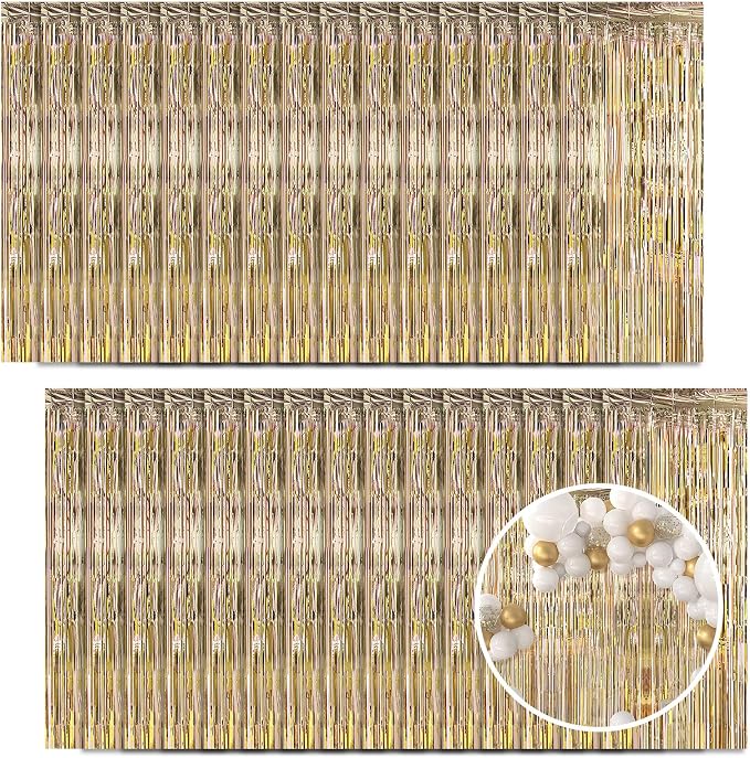 30 Pack Champagne Gold Foil Fringe Curtain Backdrop, 3.3x8.2 Feet Metallic by LITLANDSTAR