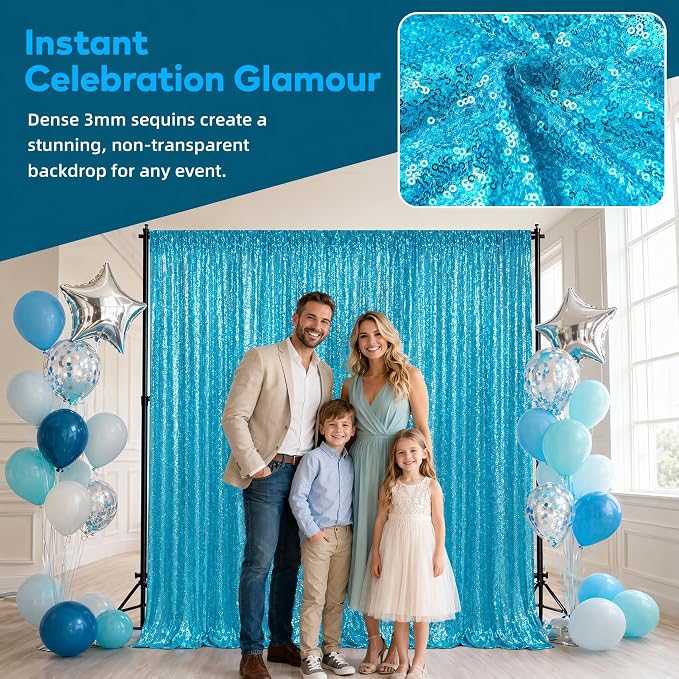 ShinyBeauty Sequin Backdrop Curtains 4 Panels 2x8FT Turquoise - Image 3
