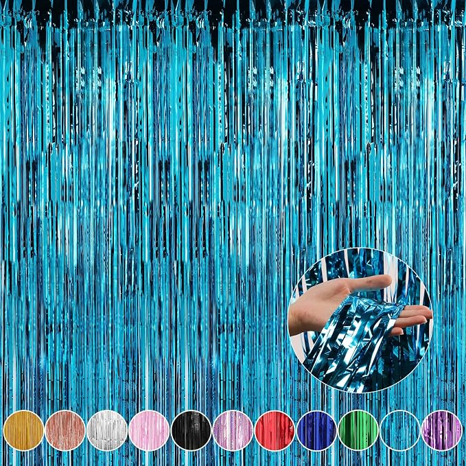 Crosize 4 Pack Blue Party Streamers Backdrop, 3.3 x 9.9 ft | Tinsel Foil Fringe by Crosize