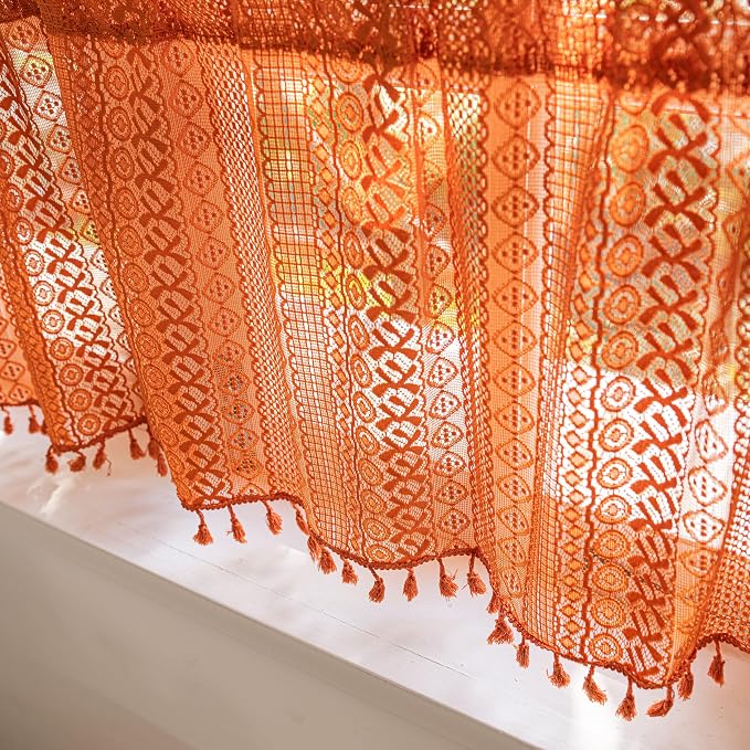 Sutuo Home Terracotta Boho Valance Short Curtains Crochet Lace Sheer Bohemian - Image 6