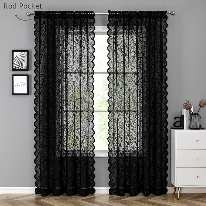 Bujasso Black Sheer Lace Curtains 84 inch Vintage Floral Sheer Gothic Curtain - Image 8