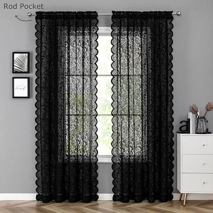 Bujasso Black Lace Sheer Curtains Vintage Floral Sheer Window Curtain Panels - Image 7