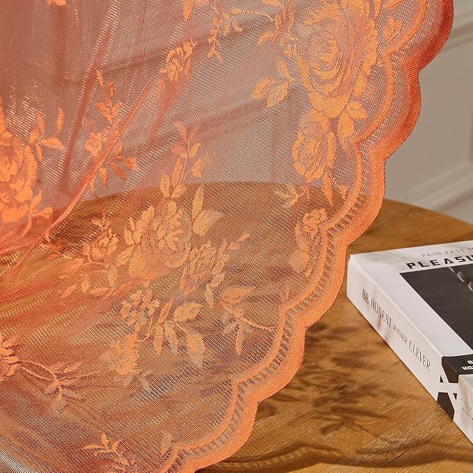 Burnt Orange Lace Curtains 54 Inch Length 2 Panels Country Rustic Floral Sheer - Image 7