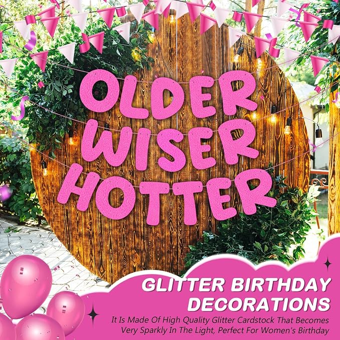 Fulmoon Set of 3 Pre Strung Older Wiser Hotter Glitter Banner Funny Birthday - Image 7