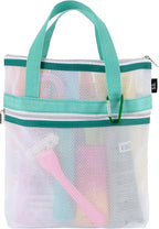 S&T INC. Mesh Shower Caddy, Shower Bag for Dorm Room Essentials, Gym Bag, Camping and More, Two Zippered Pockets, White and Teal, 10 Inches x 10 Inches