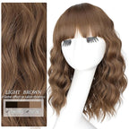 Nnzes Wig Bangs Light Brown Short Wavy Hair for Women Natural Looking Heat Resistant Bob Wigs with Synthetic Wig for Daily Party Use