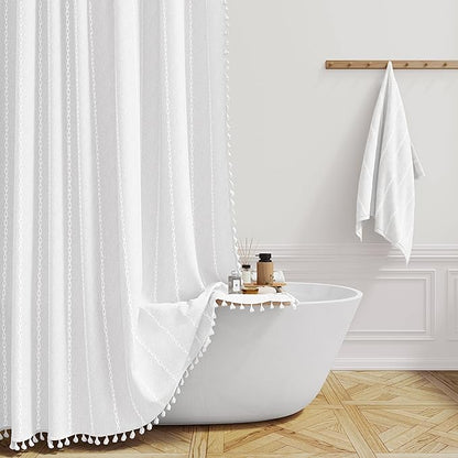 Small Boho Linen Heavy Duty Cloth Shower Curtain Set, 330GSM Linen Blend by ShowerCurtain