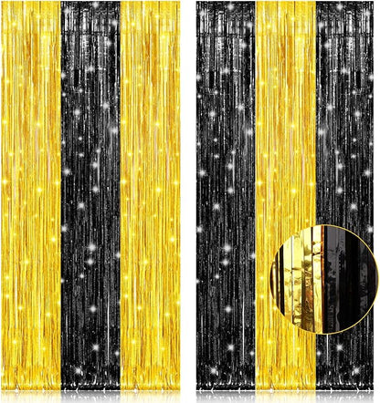 PIGETALE, 2 Pack 3.2x8.2 Feet Black and Gold Tinsel Backdrop Party Decorations by welcomePIGETALE