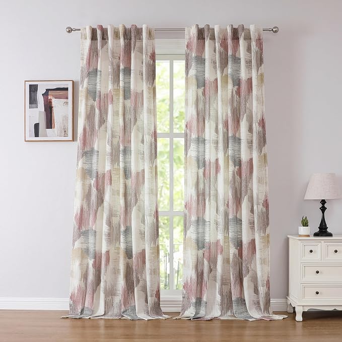 Kayne Studio Red Tan Boho Geo Rod Pocket Semi Sheer Curtains 95 Inches Long | by KayneStudio