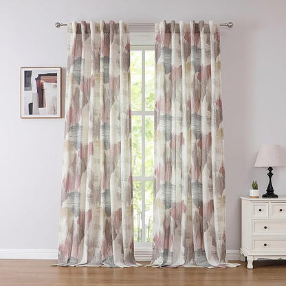 Kayne Studio Red Tan Boho Geo Rod Pocket Semi Sheer Curtains 95 Inches Long | by KayneStudio