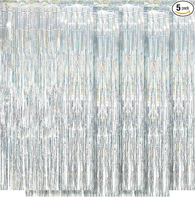 5 Pack Silver Foil Curtain Backdrop 3.2ft x 9.8ft Metallic Tinsel Foil Fringe by Ohiyoo