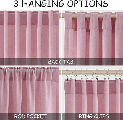 Rose Linen Curtains 102 Inches Long 2 Panel Set Back Tab Rod Pocket Semi Sheer - Image 2