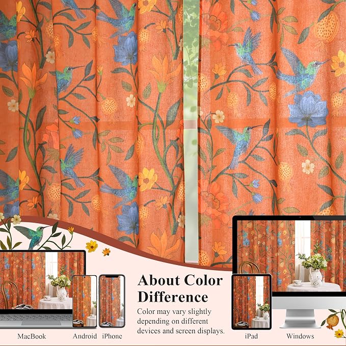 Orange Floral Linen Curtains, Boho Whimsical Bird Print Curtains - Image 7