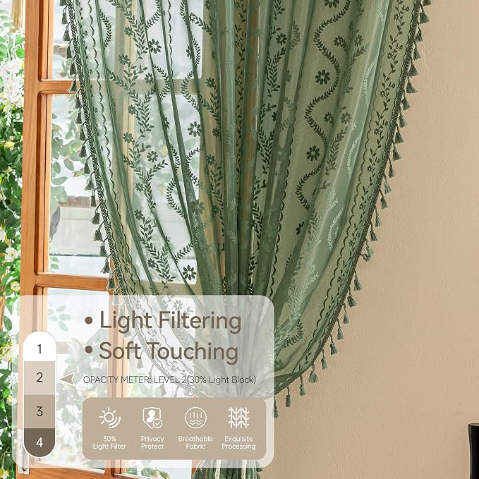 WAZZIO Boho Lace Curtains 2 Panels 84 Inches -Vintage Victorian Sheer Panel - Image 4