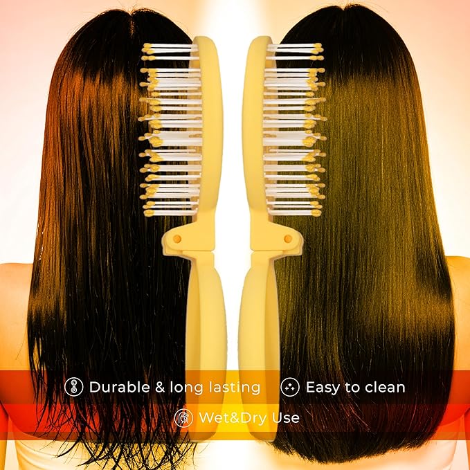 Mini Detangler Travel Hair Brush with Mirror, Makaron Hair Brushes for Women, Men and Kids, Unique 3D Flexible Design for All Hair Types, Styling Accessory, Travel Essentials for Women (YELLOW)