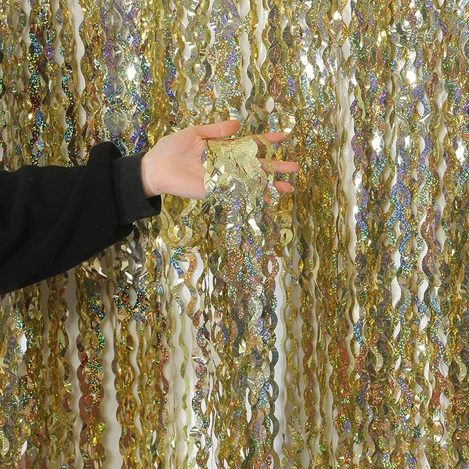 4 Pack Wavy Sparkle Champagne Gold Metallic Tinsel Foil Fringe Curtains Photo - Image 9